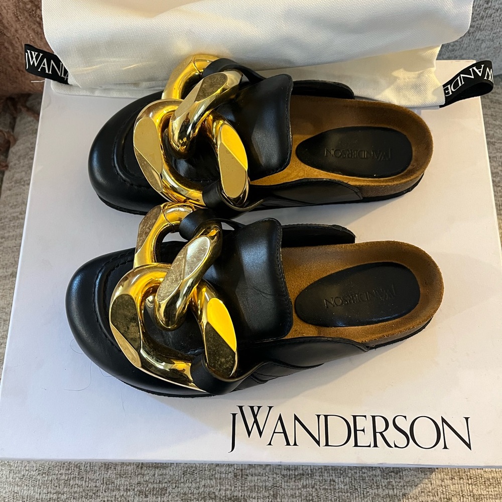 JW Anderson Black and Gold Chain Mules